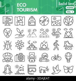 Eco tourism symbols collection or sketches. Traveling bar theme icons in linear style signs for web and app. Vector graphics isolated on white backgro Stock Vector