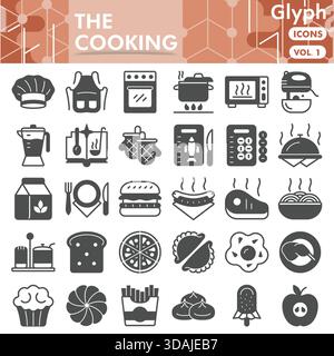 The cooking symbols collection or sketches. Cooking and bakery bar theme icons in glyph style signs for web and app. Vector graphics isolated on white Stock Vector