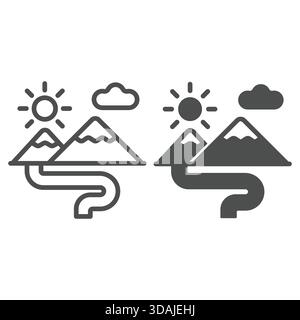 Mountain river, sun and cloud line and solid icon, travelling concept. Vector graphics. Moutain landscape sign on white background, outline style icon Stock Vector