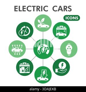 Collection of electric car icons examples. Theme bubbles in glyph style for web and app use electric energy. Isolated vector illustrations on white ba Stock Vector