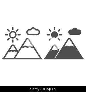 Mountains, sun and cloud line and solid icon, travelling concept. Vector graphics. Moutain landscape sign on white background, outline style icon for Stock Vector
