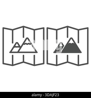 Mountains on map line and solid icon, travel destination concept. Vector graphics. Mountain peak paper map sign on white background, outline style ico Stock Vector