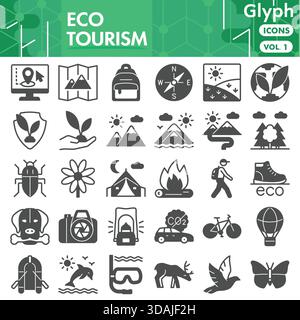 Eco tourism symbols collection or sketches. Traveling bar theme icons in glyph style signs for web and app. Vector graphics isolated on white backgrou Stock Vector
