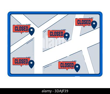 Digital map with multiple closed business locations 2D doodle object Stock Vector