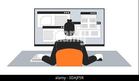 Man working on multiple web interface windows monitor 2D cartoon character Stock Vector