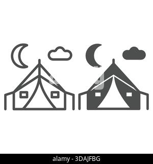 Tourist tent at night line and solid icon, camping concept. Vector graphics. Hiking rest point sign on white background, outline style icon for mobile Stock Vector