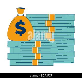 Money bag and stacked cash 2D doodle object Stock Vector