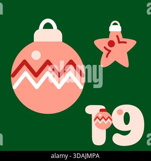Green and red advent calendar illustration in flat vector style with Christmas and New Year tree toys Stock Vector