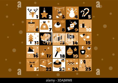 Gold and black boho advent calendar illustration in flat vector style with Christmas and New Year icons Stock Vector