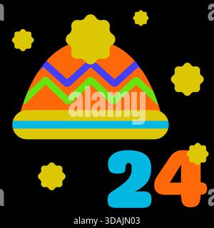 Neon colors and black advent calendar illustration in flat vector style with Christmas and New Year hat Stock Vector