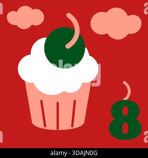 Green and red advent calendar illustration in flat vector style with Christmas and New Year cupcake Stock Vector