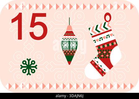 Red, green and pink Norwegian advent calendar illustration in flat vector style with celebrate symbol and ethnic ornament. Christmas toys and socks Stock Vector