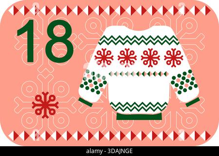 Red, green and pink Norwegian advent calendar illustration in flat vector style with celebrate symbol and ethnic ornament. Sweater Stock Vector
