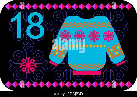 Neon colors Norwegian advent calendar illustration in flat vector style with celebrate symbol and ethnic ornament. Sweater Stock Vector