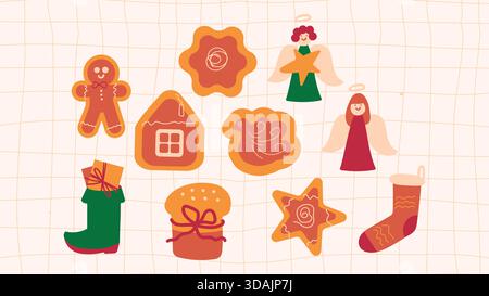 Hand-drawn set of cozy Christmas, Winter, and New Year holiday symbols, including food, drinks, gifts, and traditional decorations on the grid backgro Stock Vector