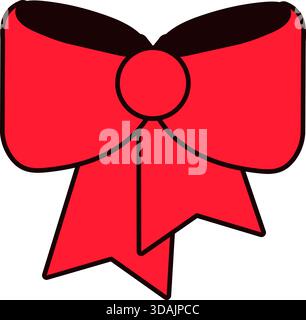 Red silk tied bow for decorating new year gifts and trees. New Year sticker or gift card in old style of 2000. Cartoon Y2K retro sticker on white back Stock Vector