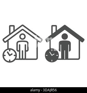 House with remote man line and solid icon, stay at home concept. Vector graphics. Man in house with clock sign on white background, outline style icon Stock Vector