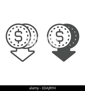 Coins dollar falling down line and solid icon, financial item concept. Vector graphics. Cent money sign on white background, outline style icon for mo Stock Vector