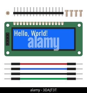 LCD screen with Hello World message. Electronics module kit with display and wiring components Stock Vector