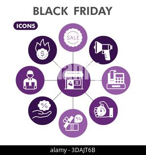 Black friday symbols collection or sketches. Black friday sale theme bubbles in glyph style signs for web and app. Vector graphics isolated on white b Stock Vector