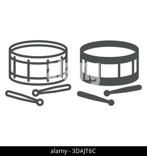 Snare drum and sticks line and solid icon, music instruments concept. Vector graphics. Drums sign on white background, outline style icon for mobile o Stock Vector