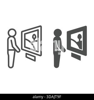 Man with wall picture line and solid icon, exhibition opening concept. Vector graphics. Human looking art sign on white background, outline style icon Stock Vector
