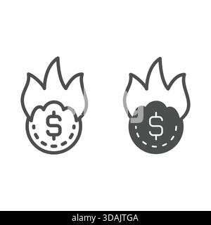 Burning dollar coin line and solid icon, dollar coin on fire concept. Vector graphics. Cent money sign on white background, outline style icon for mob Stock Vector