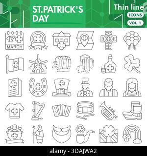 Saint Patrick day symbols collection or sketches. airish holiday bar theme icons in thin line style signs for web and app. Vector graphics isolated on Stock Vector