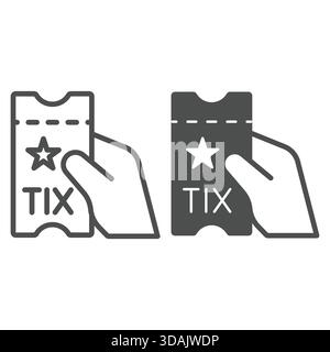 Entrance ticket in hand line and solid icon, exhibition concept. Vector graphics. Coupon bill sign on white background, outline style icon for mobile Stock Vector