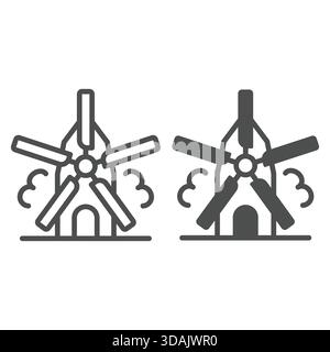 Spinning mill line and solid icon, wheat production concept. Vector graphics. Air pressure windmill sign on white background, outline style icon for m Stock Vector