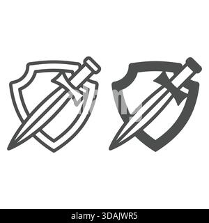 Sword knife with shield line and solid icon, medieval culture concept. Vector graphics. Medieval fight tool sign on white background, outline style ic Stock Vector