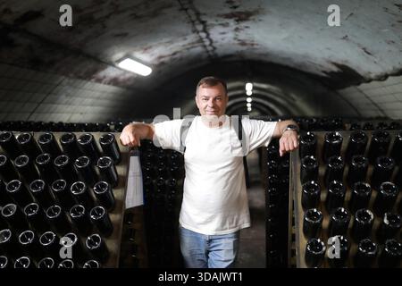 Man leaning on rack of wine bottles in a dark cellar. Winemaker at a wine production facility or storage room. Wine business concept. Stock Photo
