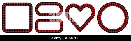 Buffalo check vector frames, simple heart, square and circle borders with winter red and black plaid pattern for holiday designs Stock Vector