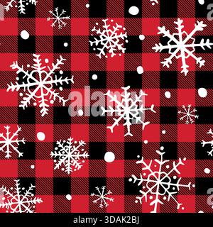 Cute red and black buffalo plaid Lumberjack snowflake seamless pattern, Christmas vector background Stock Vector