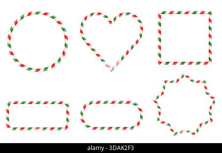 Red and green vector candy cane frames, square, heart and circle striped Christmas borders for menus and invitations Stock Vector
