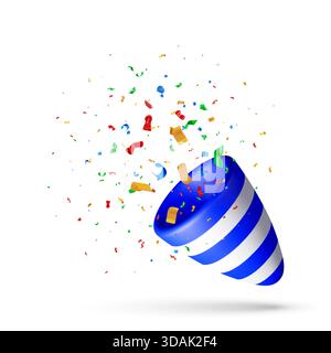 3D Exploding party popper with colorful confetti Stock Vector