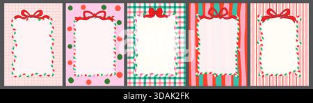 Cute Romantic Candy Cane Frames with Bows, Christmas or Valentine's Day Borders with Different Patterns Stock Vector