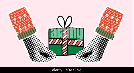 Halftone hands holding a Christmas present, Modern vector collage for invitations, posters and banners Stock Vector