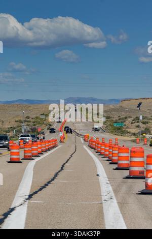 Moab, Utah, USA - 26 May 2025: Traffic cones on a highway for roadworks Stock Photo