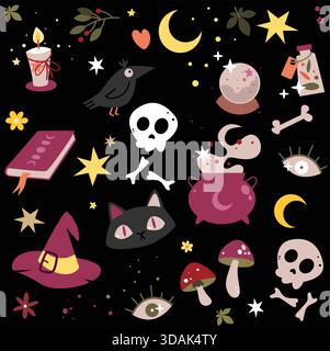 Cute, colourful, and whimsical seamless vector pattern featuring a crow, a black cat, a crystal ball, a spell book, a witch's hat, and other mystical Stock Vector