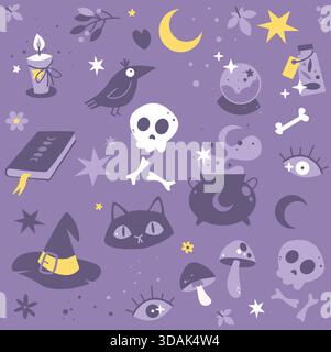 Cute, and whimsical seamless vector pattern featuring a crow, a black cat, a crystal ball, a spell book, a witch's hat, and other mystical objects in Stock Vector