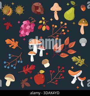 Seamless pattern on dark background, with vibrant, simplified illustrations of Penny Bun, Puffball and Fly agaric mushrooms, along with red apple Stock Vector