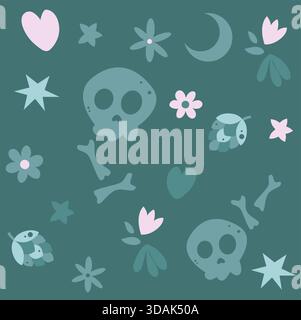 Cute, and whimsical seamless vector pastel goth pattern featuring skulls, bones, stars, and moons with flowers in a shade of turquoise and pink Stock Vector