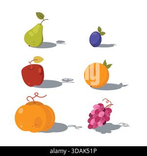 Colorful, flat vector illustration of autumn fruits – green pear, purple plum, crimson apple, red grape, ginger pumpkin, and an orange Stock Vector