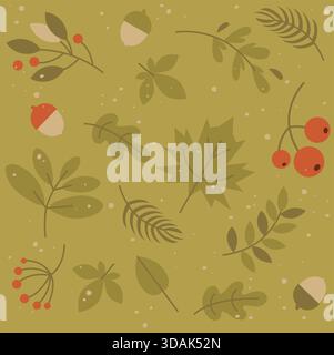 Simple autumn seamless pattern with green leaves, acorns, and red berries – Minimal hand-drawn fall vector design on warm olive background Stock Vector