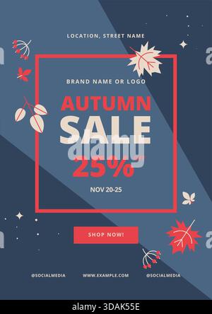 Autumn sale poster with customizable text, stylish blue and pink palette, decorated with vector leaves and berries Stock Vector