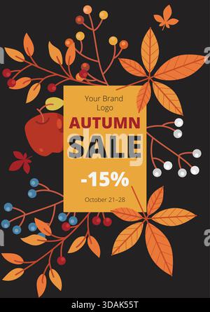 Vector illustration of autumn sale design. Colorful berries, leaves, apple, and toadstool mushroom with a board and 'AUTUMN SALE' text. Editable space Stock Vector