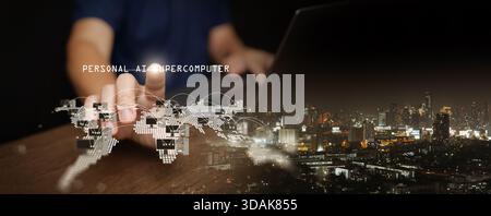 A man with a world map connected by personal AI supercomputers on his desk and city background. Super computers everywhere for everyone concept. Artif Stock Photo