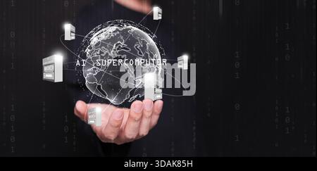 A globe with an AI supercomputer orbiting in a man hand. Super computers everywhere for everyone concept. Artificial intelligence and powerful high pe Stock Photo