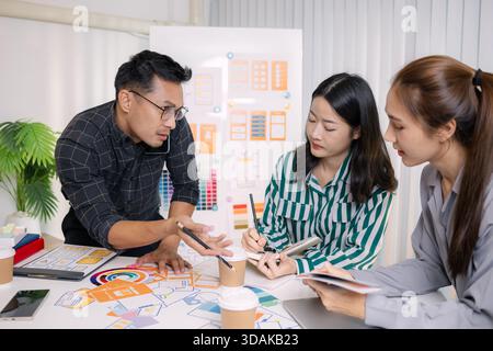 UX/UI designers presenting their final design project to the team, showcasing app interface screens and explaining user experience strategies in a pro Stock Photo